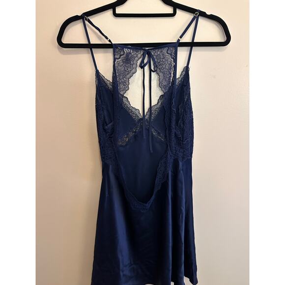 Victoria's Secret Navy Blue Satin Lace Slip Nightie Lingerie Nightgown Large - Picture 10 of 12